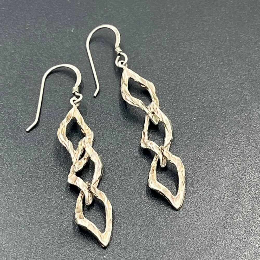 Sterling Silver Designer Signed Twisted Textured Branch Dangle Earrings‎